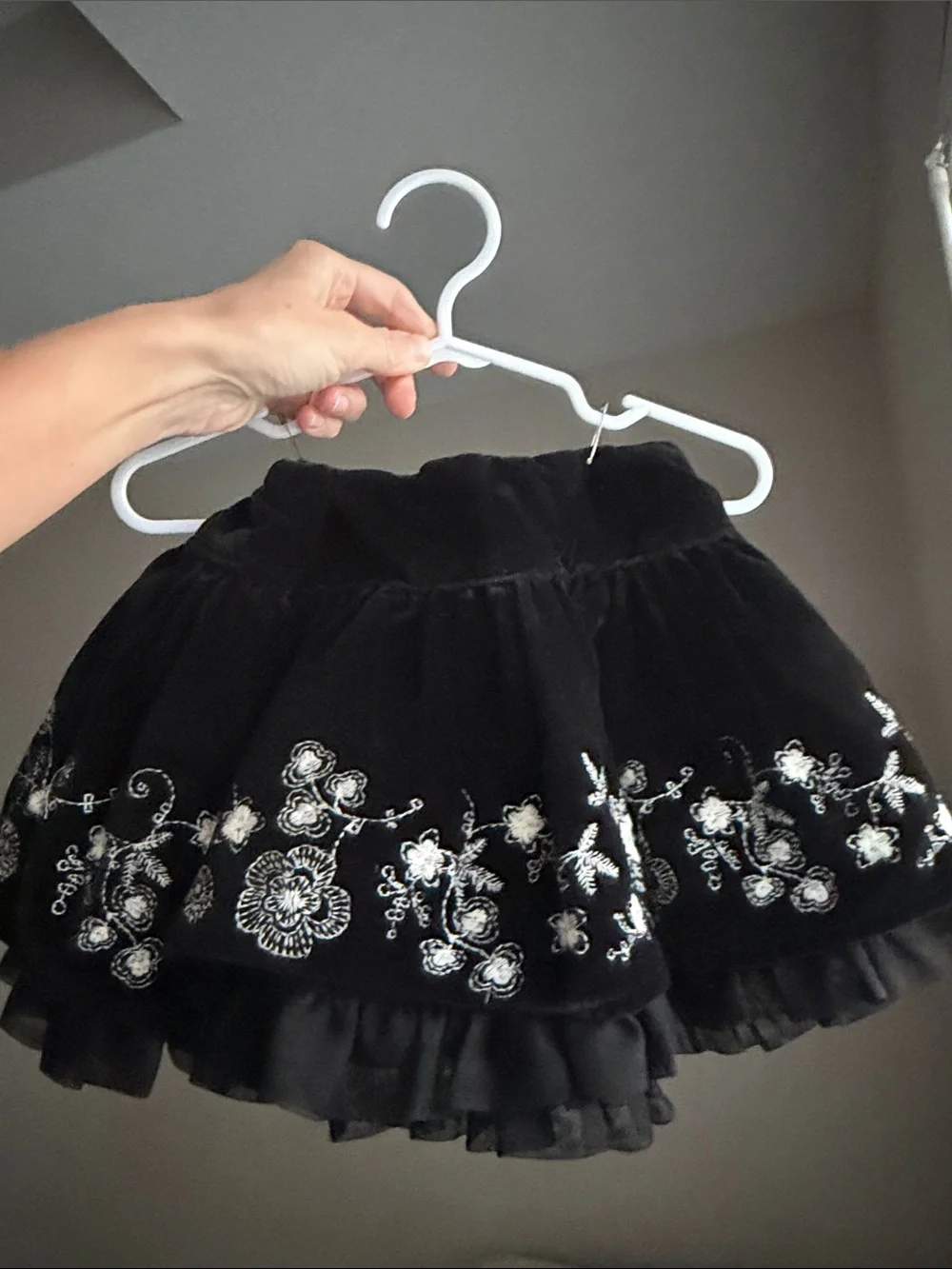 Old Navy Black Skater Skirt with White Floral Embroidery